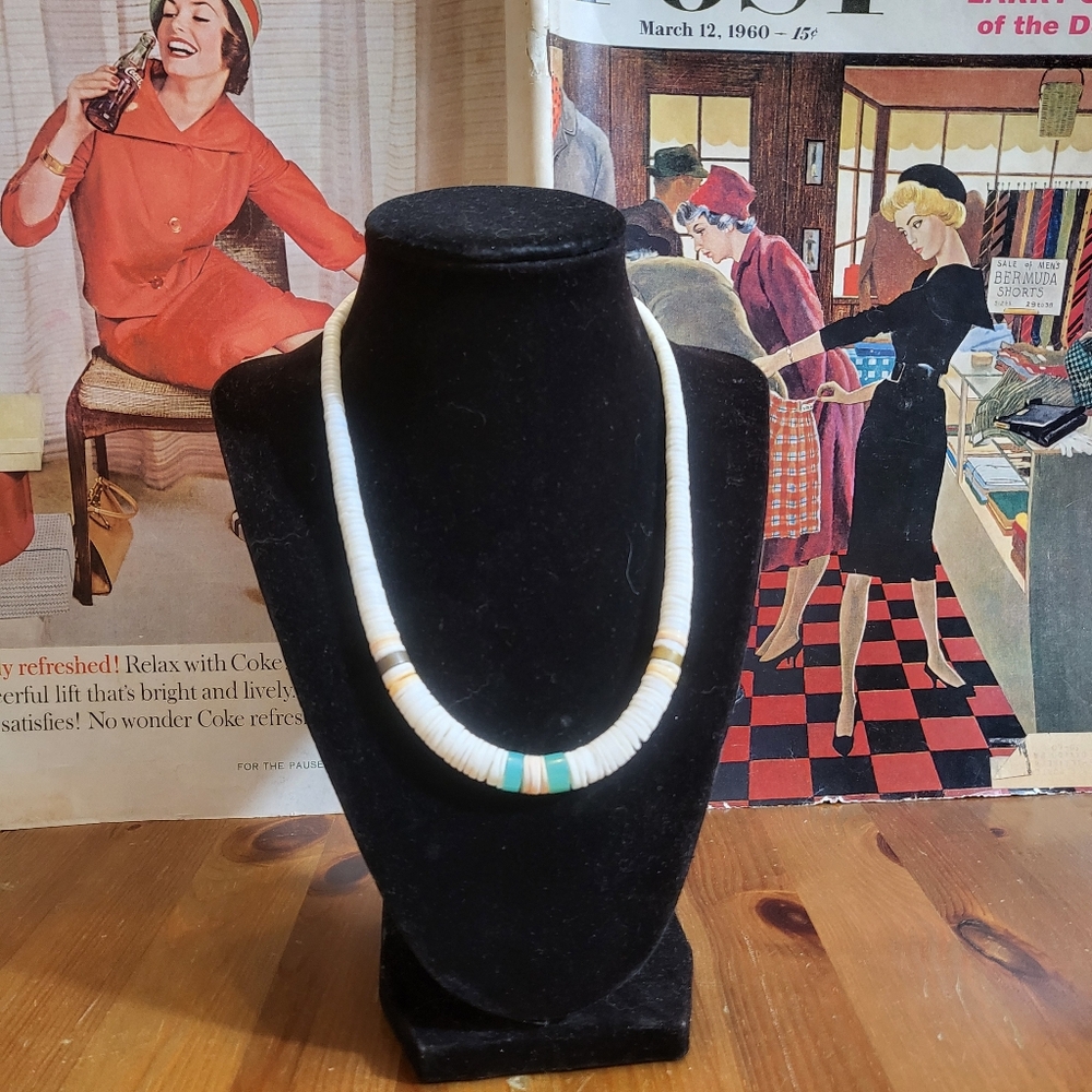 Cream Heishi Clam Bead Necklace with Turquoise And Gold Accents, Twist Clasp